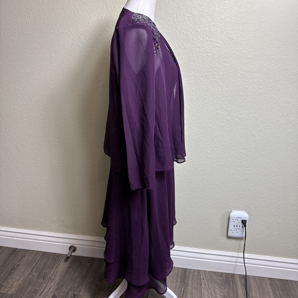 SLNY Beaded Chiffon Tiered Jacket Dress 2-Pc 6P Deep Plum Mother of the Bride - Picture 2 of 12